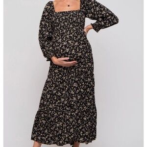 PinkBlush Black Floral Smocked Long Sleeve Maternity Maxi Dress